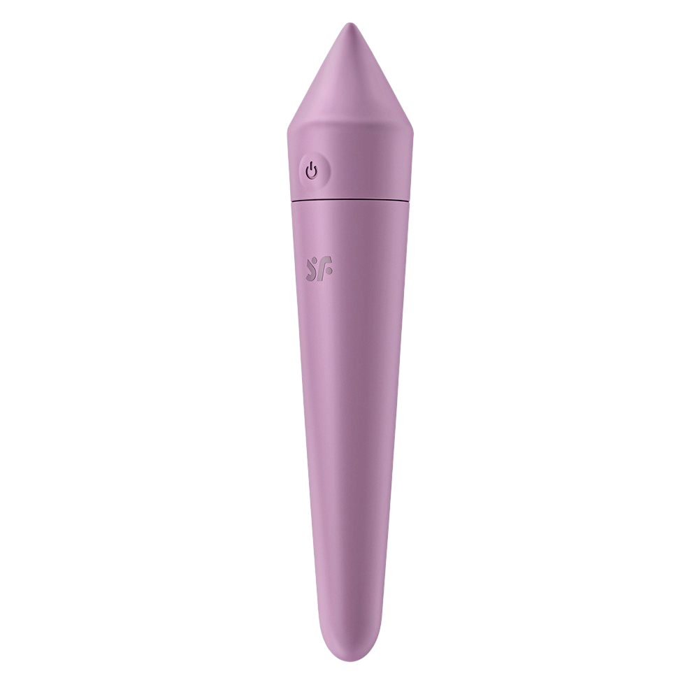 Vibromasseur Ultra Power Bullet 8 Satisfyer lilas, vue de face verticale, silicone et pointe aplatie - Oh My God'Z