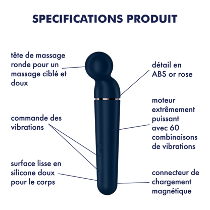 Schéma technique du vibromasseur wand bleu avec annotations des fonctionnalités et composants - Oh My God'Z