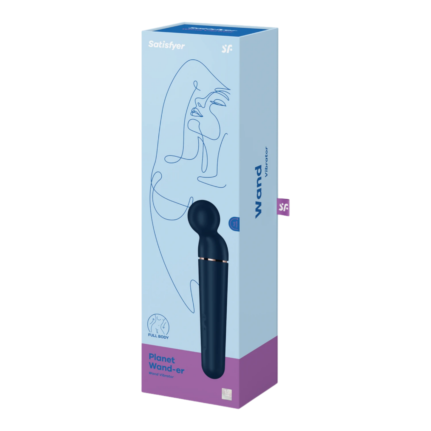 Packaging bleu du vibromasseur wand Satisfyer Planet Wand-er avec illustration et logo Full Body - Oh My God'Z