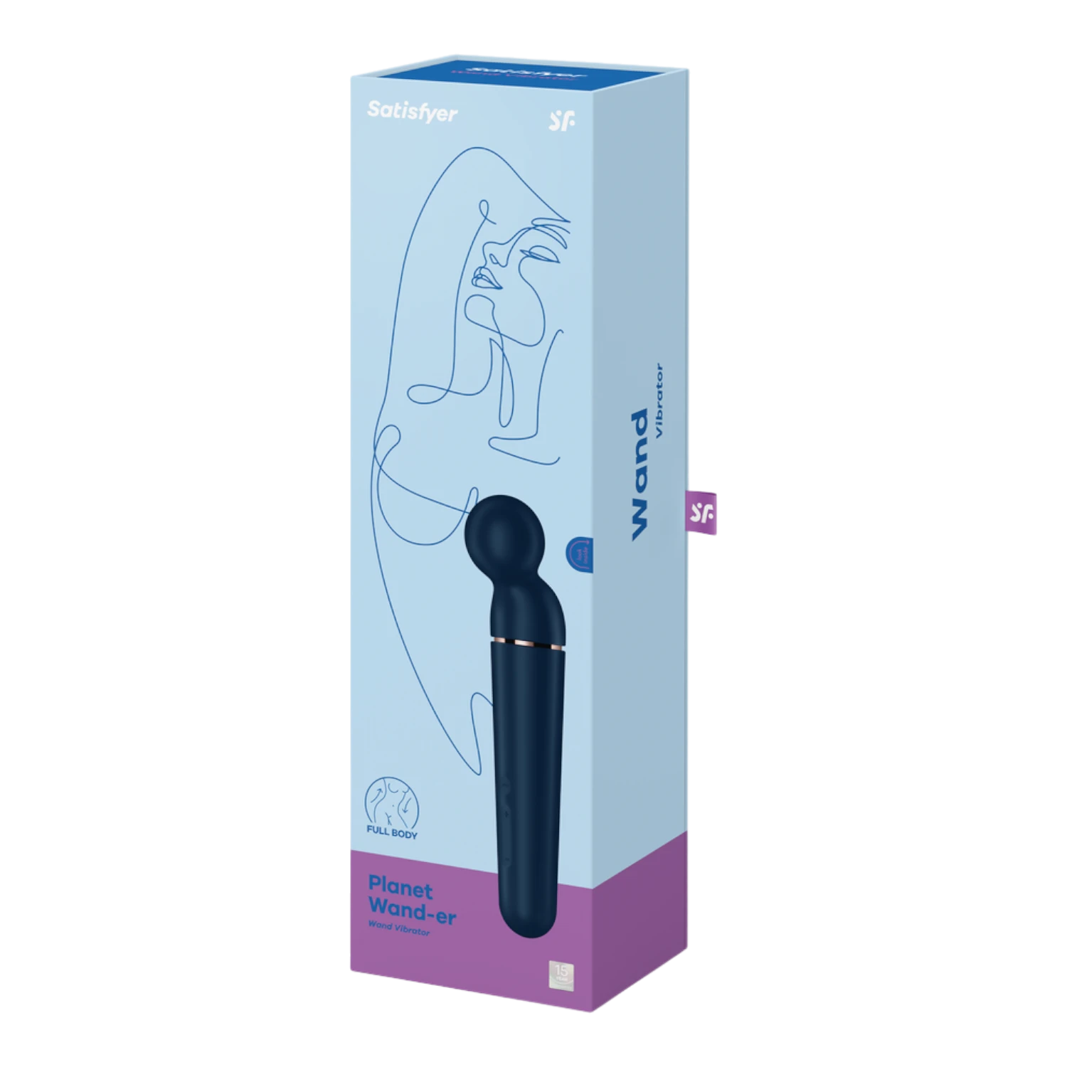 Packaging bleu du vibromasseur wand Satisfyer Planet Wand-er avec illustration et logo Full Body - Oh My God'Z