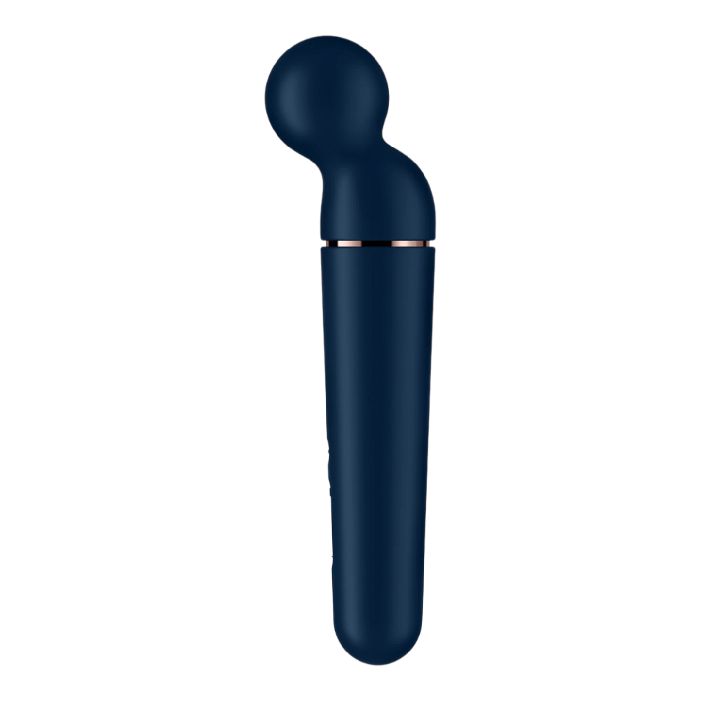 Vue de profil du vibromasseur wand bleu avec tête de massage ronde et anneau décoratif rose gold - Oh My God'Z