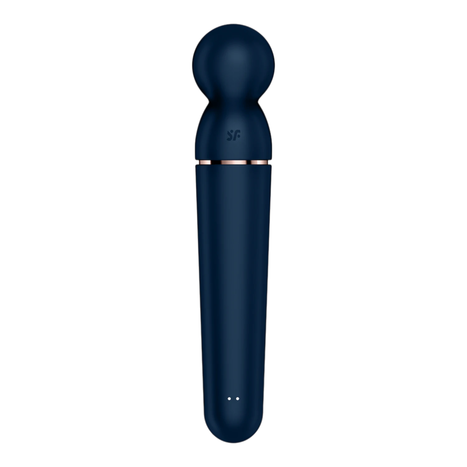 Vibromasseur wand bleu foncé vue de face avec logo SF et boutons de contrôle LED sur le manche - Oh My God'Z