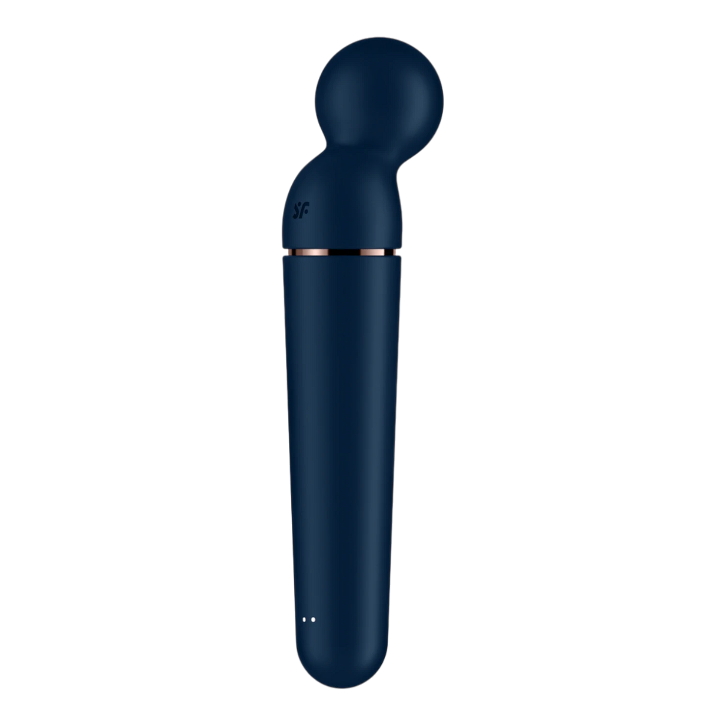 Vue latérale du wand masseur bleu avec logo SF gravé et bande rose gold sous la tête ronde - Oh My God'Z