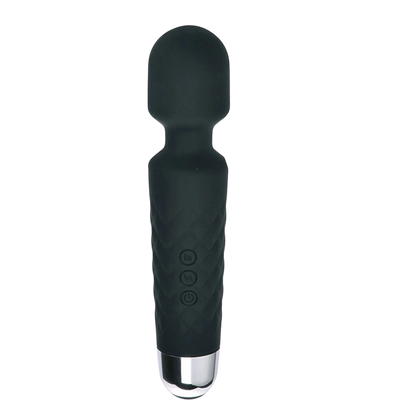 Vibromasseur wand noir en silicone avec tête arrondie, 3 boutons de contrôle et base argentée chromée - Oh My God'Z