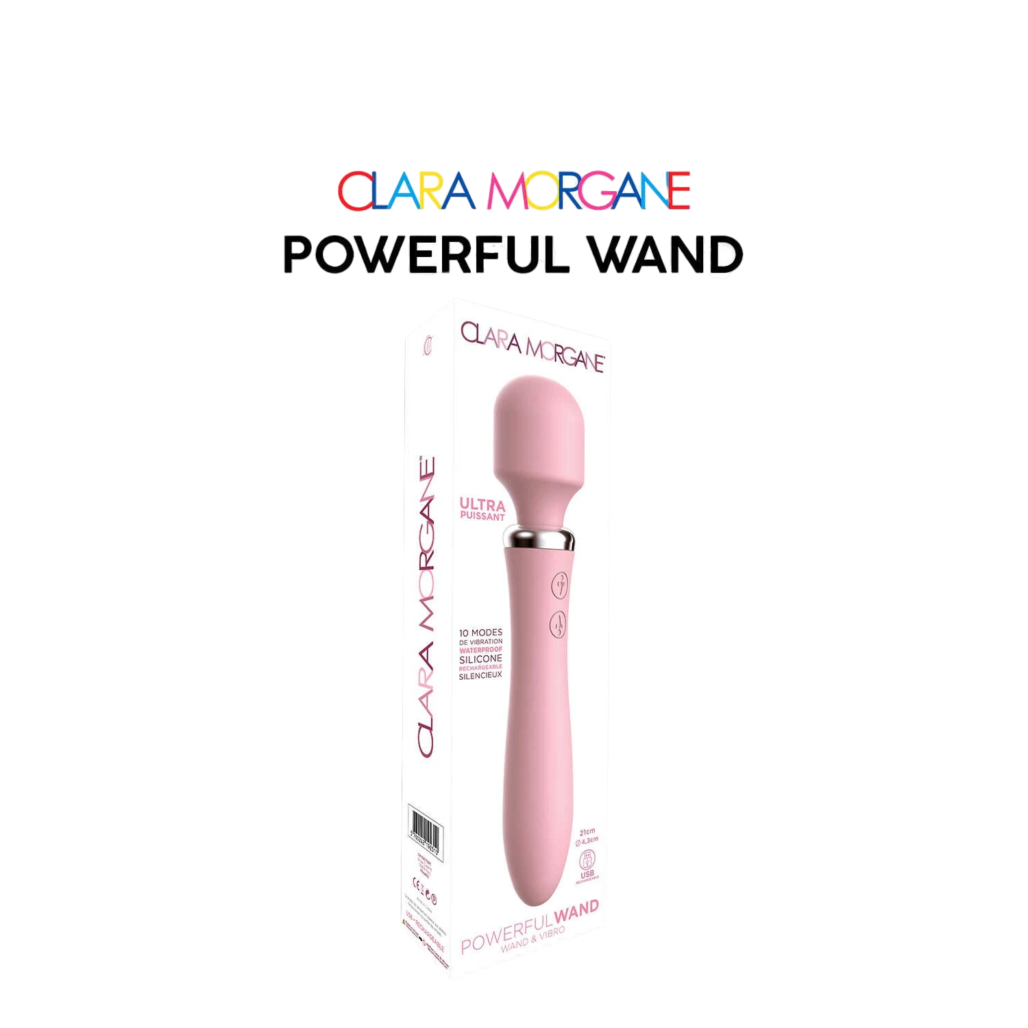 Boîte packaging vibromasseur wand rose Clara Morgane, silicone waterproof 10 modes de vibration - Oh My God'Z