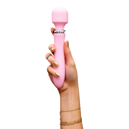 Main tenant vibromasseur wand rose, design ergonomique, boutons de contrôle visibles fond noir - Oh My God'Z