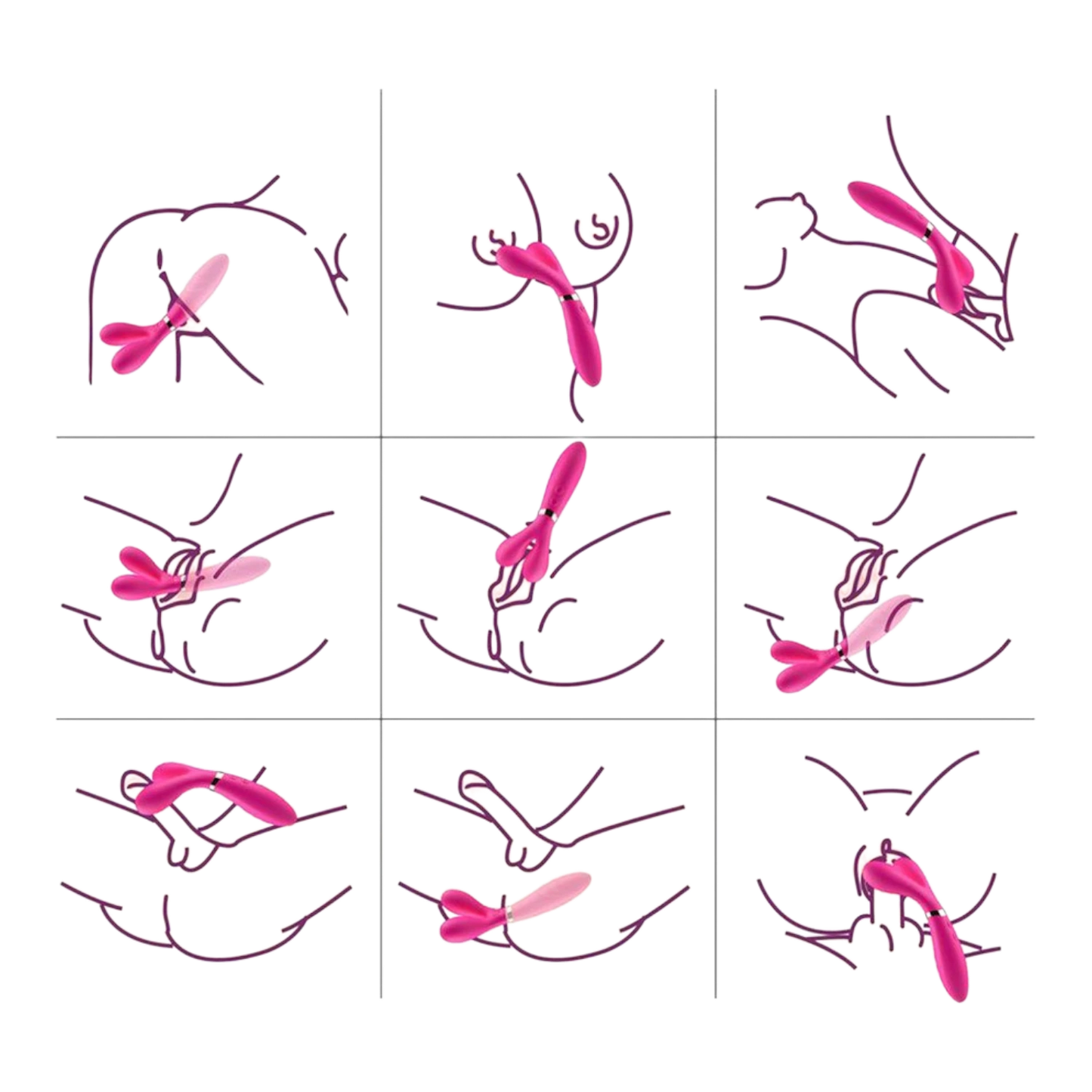 Schéma d'utilisation du vibromasseur wand rose en Y sur différentes zones du corps, 9 positions - Oh My God'Z