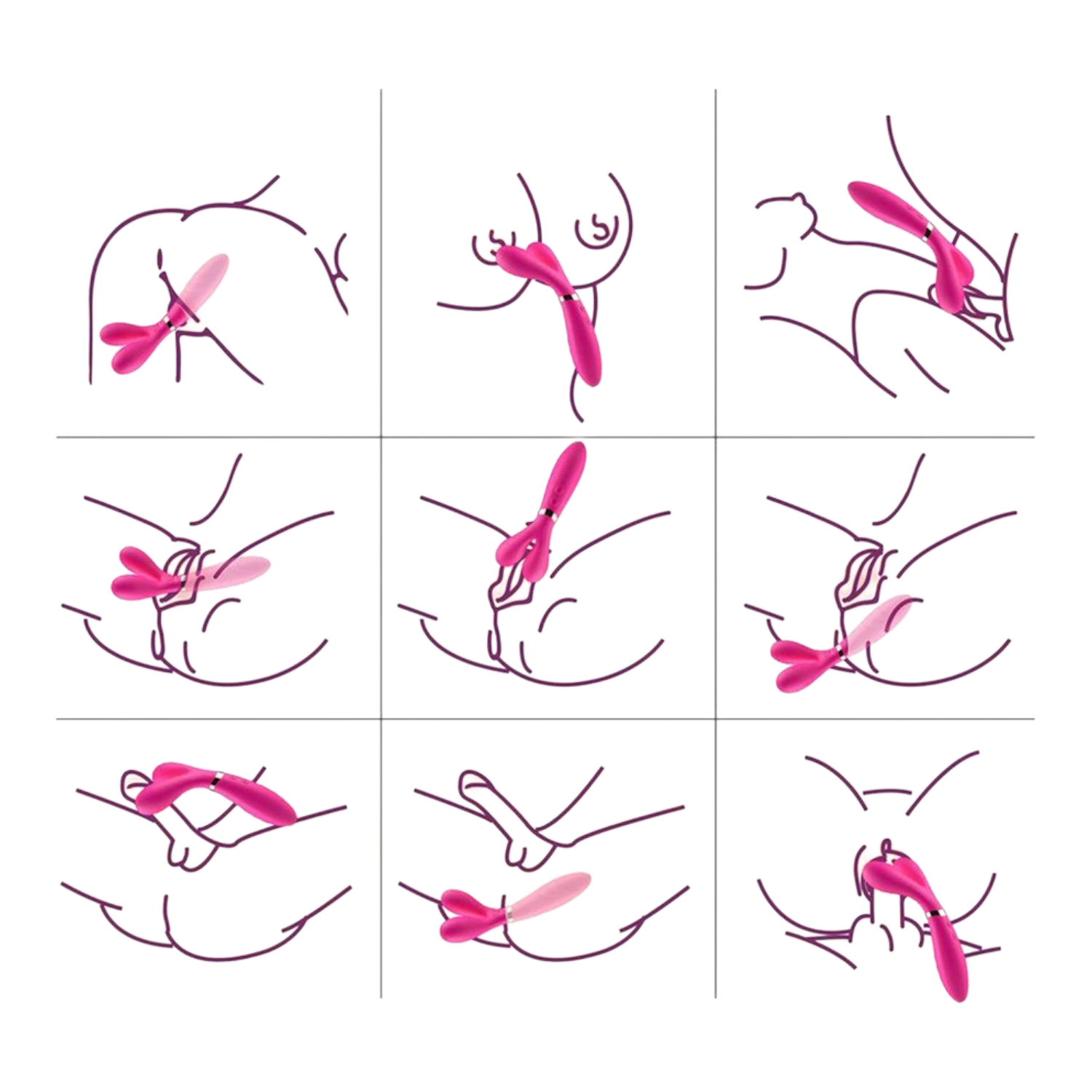 Schéma d'utilisation du vibromasseur wand rose en Y sur différentes zones du corps, 9 positions - Oh My God'Z