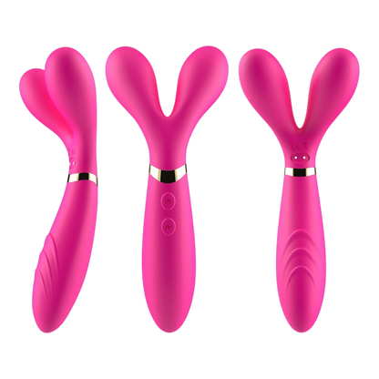 Trois vues du vibromasseur wand rose en Y montrant les différents angles et design ergonomique - Oh My God'Z