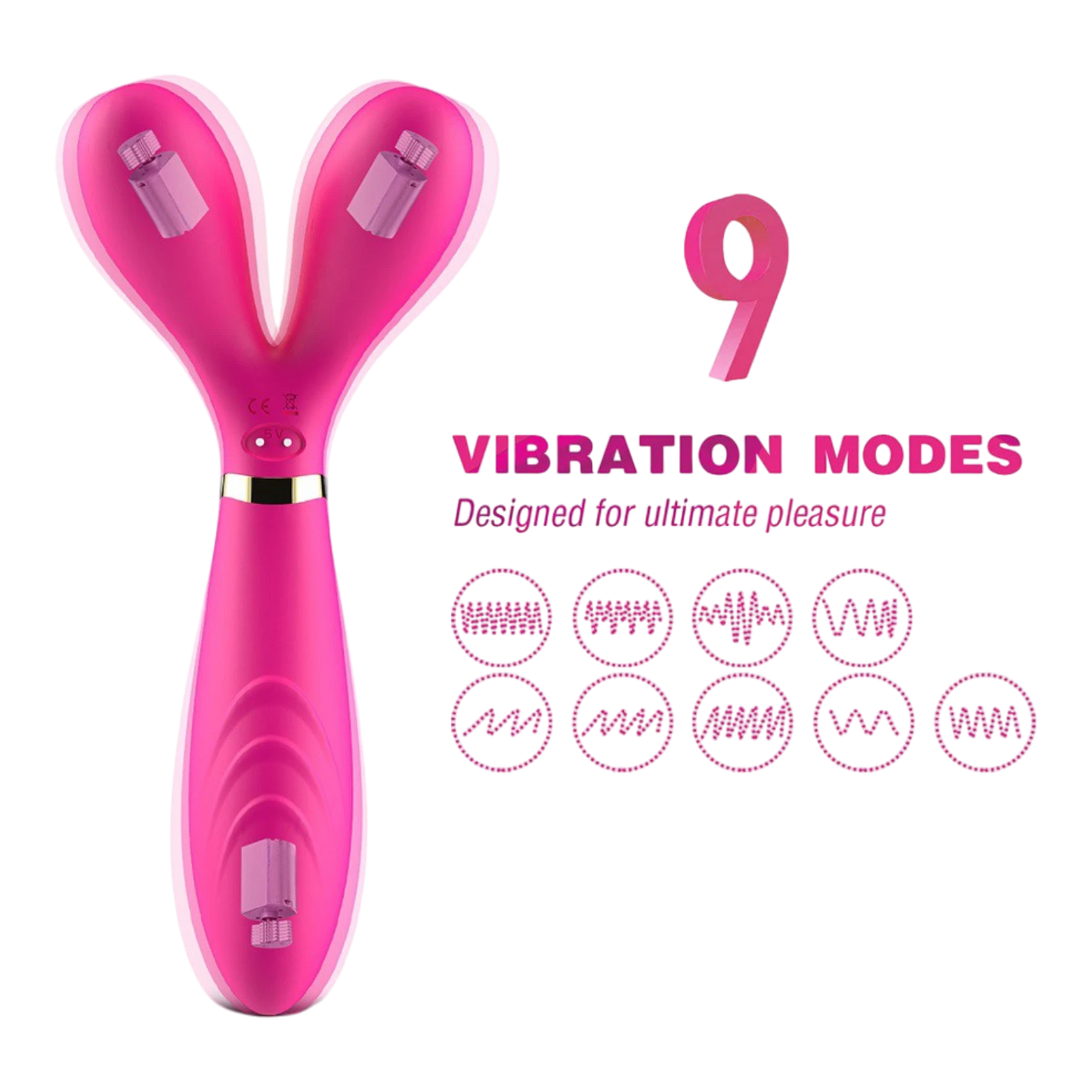 Détail du vibromasseur wand rose en Y présentant ses 9 modes de vibration avec pictos et moteurs intégrés - Oh My God'Z