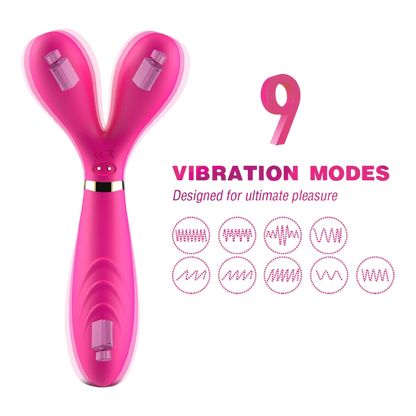 Détail du vibromasseur wand rose en Y présentant ses 9 modes de vibration avec pictos et moteurs intégrés - Oh My God'Z