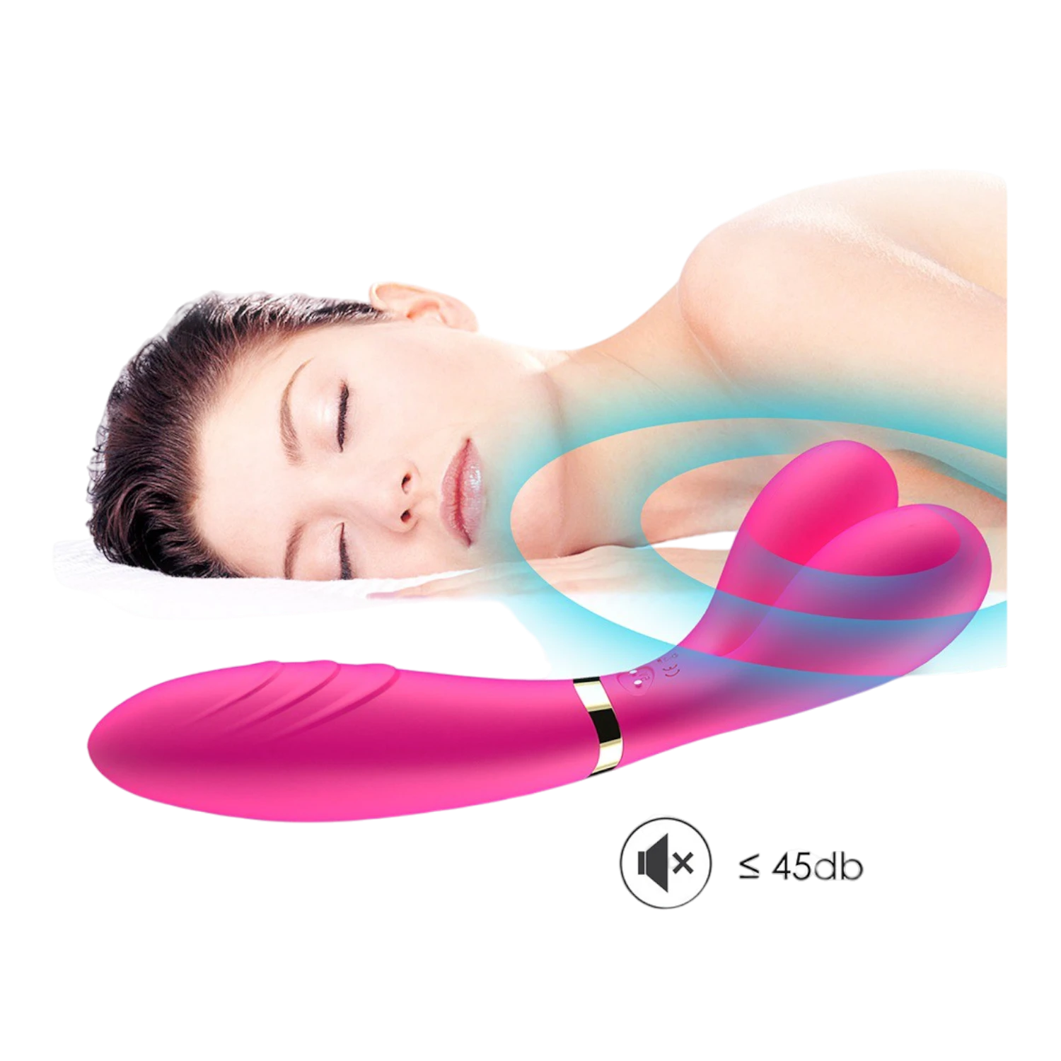 Femme détendue avec vibromasseur wand rose en Y, niveau sonore 45db, utilisation relaxation - Oh My God'Z