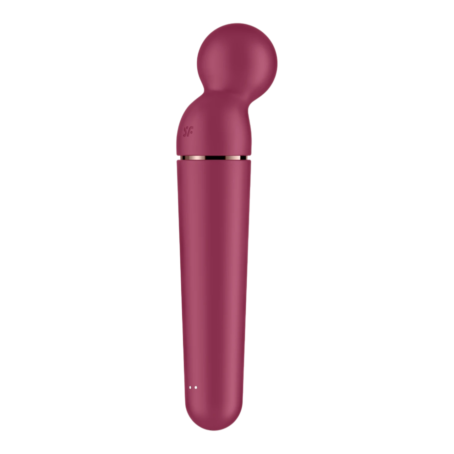 Vue latérale du vibromasseur wand rouge montrant logo Satisfyer et points lumineux de charge - Oh My God'Z