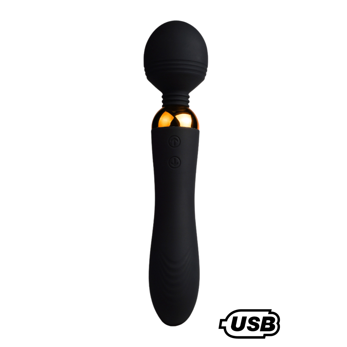Vibromasseur wand Shake noir en silicone avec col dore et deux boutons, mention chargement USB - Oh My God'Z