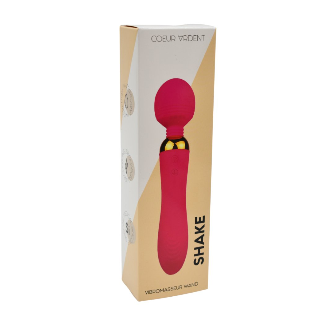 Boite du vibromasseur Wand Shake Coeur Ardent, packaging beige et blanc illustrant le wand rose - Oh My God'Z