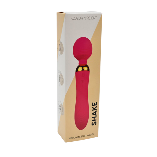 Boite du vibromasseur Wand Shake Coeur Ardent, packaging beige et blanc illustrant le wand rose - Oh My God'Z
