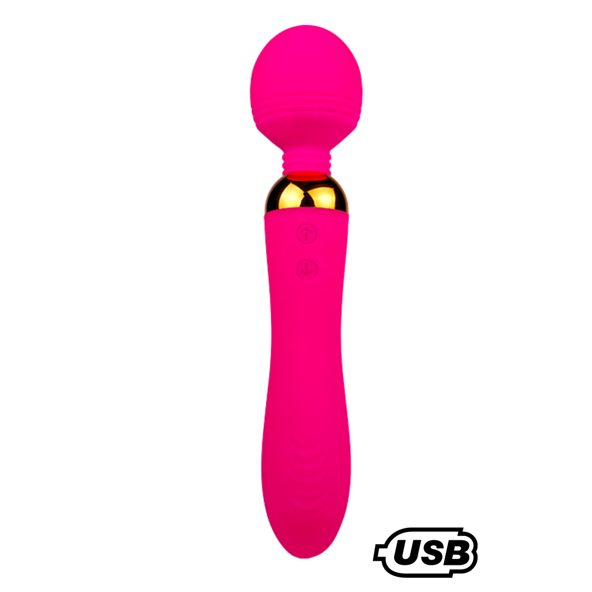 Vibromasseur Wand Shake rose en silicone medical, tete flexible arrondie et anneau dore, USB - Oh My God'Z