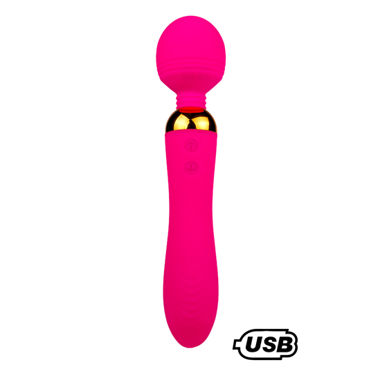 Vibromasseur Wand Shake rose en silicone medical, tete flexible arrondie et anneau dore, USB - Oh My God'Z