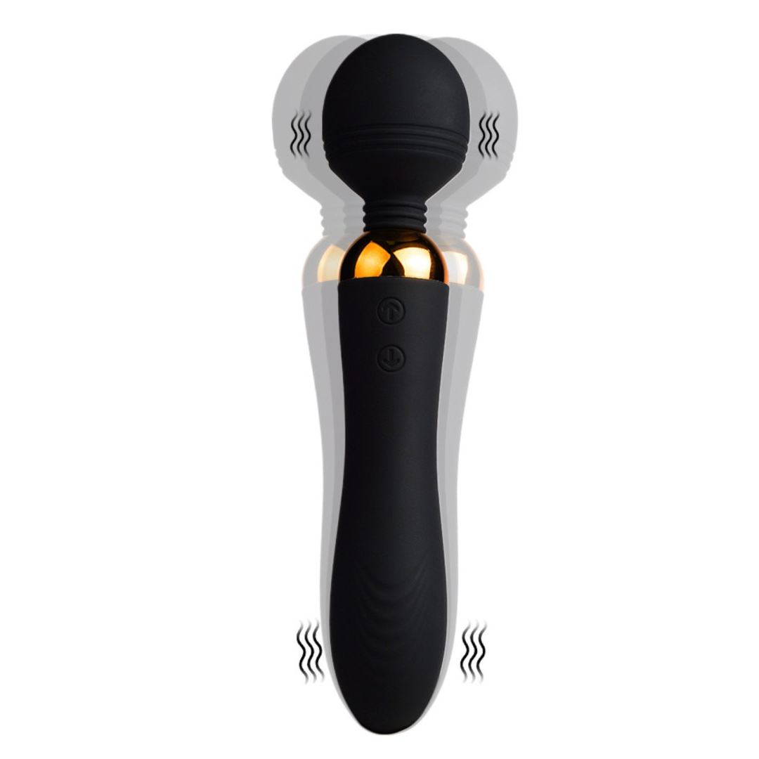 Wand Shake noir en silicone illustrant les vibrations de la tete flexible et du manche a deux moteurs - Oh My God'Z