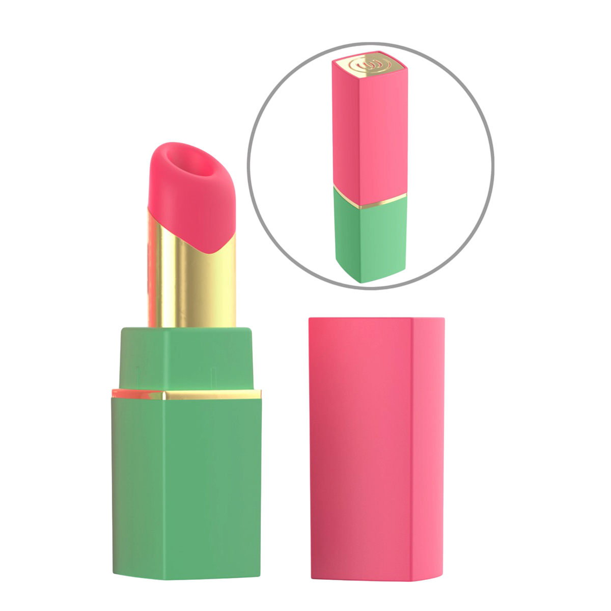 Stimulateur clitoridien Womanizer Beauty vert et rose en silicone, capuchon rose et zoom detail - Oh My God'Z